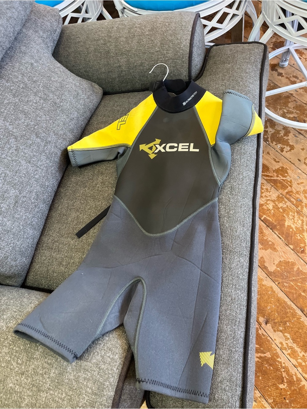 XCEL Kids Shorty Rashguard Suit in Yellow and Gray for a 6 year old